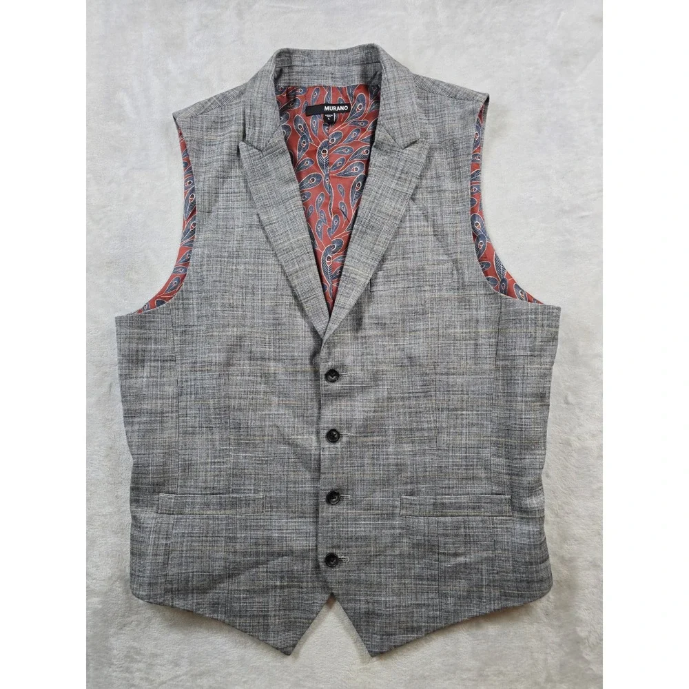 Murano Suit Vest Mens Large Grey Plaid Notched Lapel Stretch Waistcoat